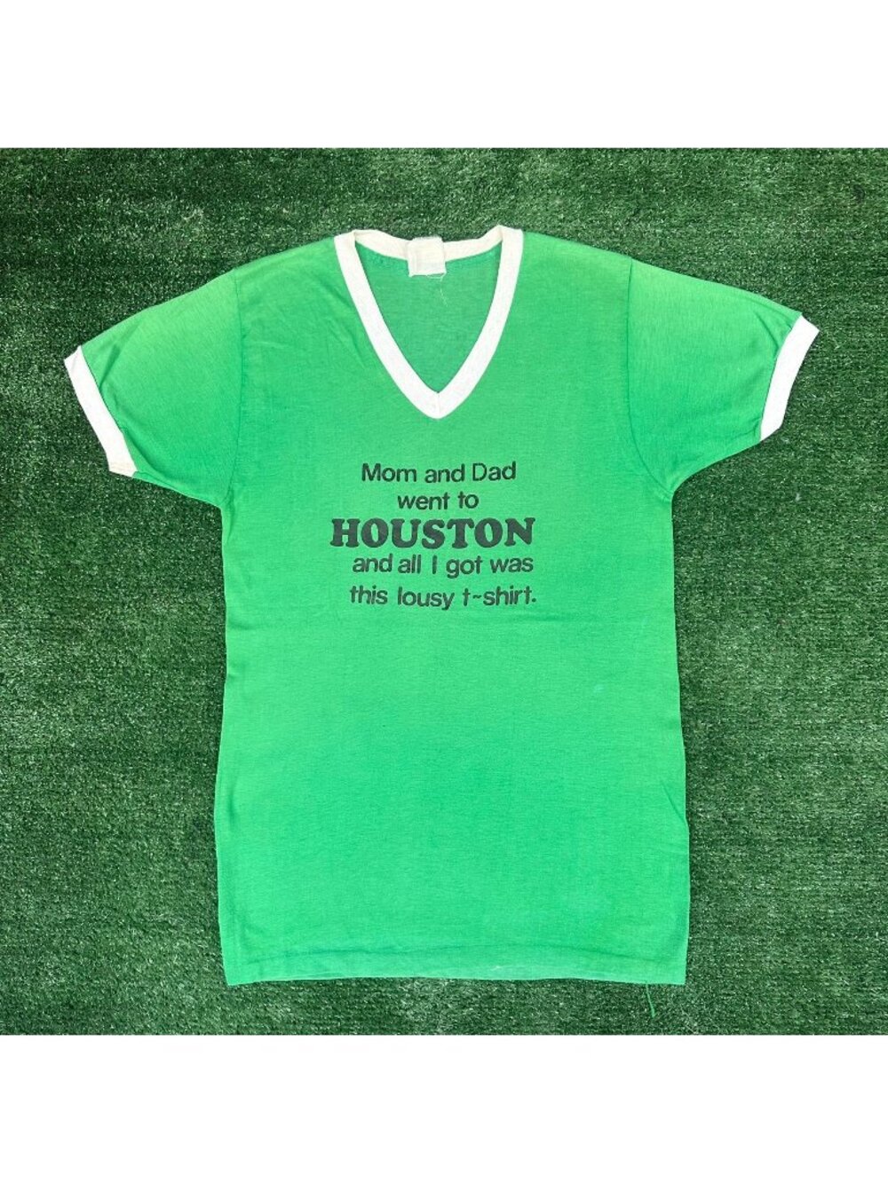 Vintage 70s Houston Souvenir Ringer T-Shirt Green XS Single Stitch Paper Thin